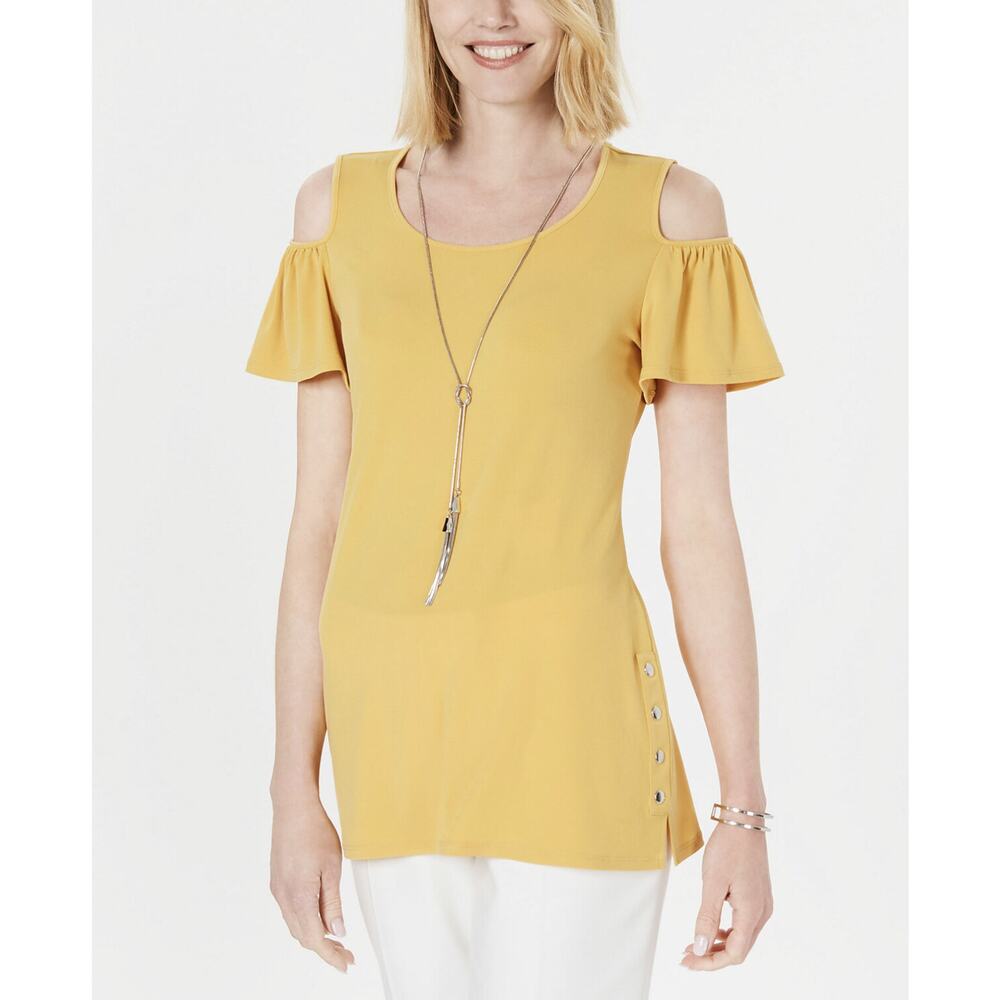 JM Collection Women's Petite Cold-Shoulder Necklace Top Saffron Gold Size PP